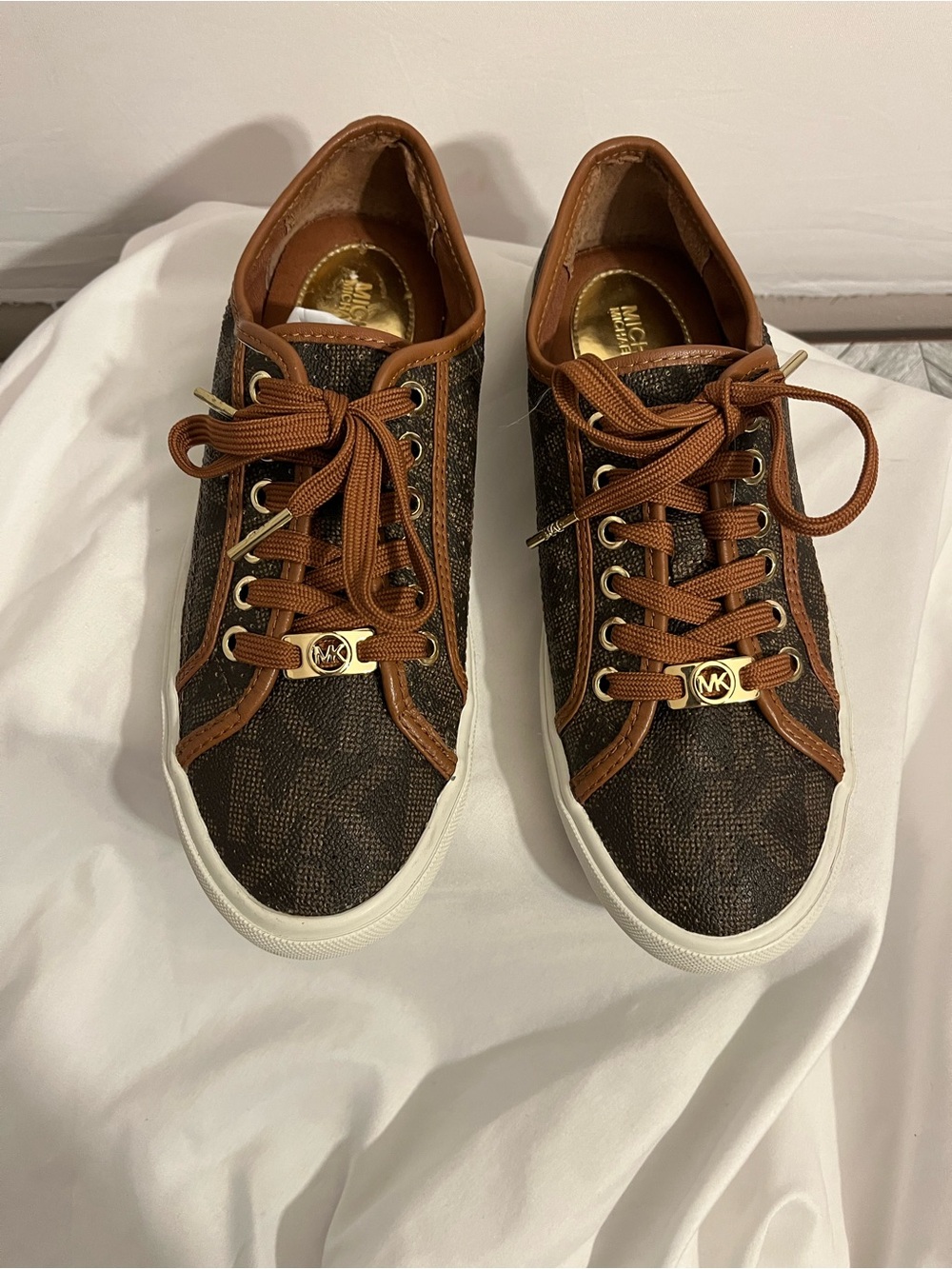 Michael Kors Brown and Tan Logo-Print Lace-Up Sneakers